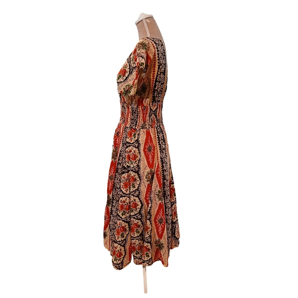 J. Peterman Womens 12 Cotton Floral Paisley Smocked Waist Midi Dress Red Black - Picture 4 of 12
